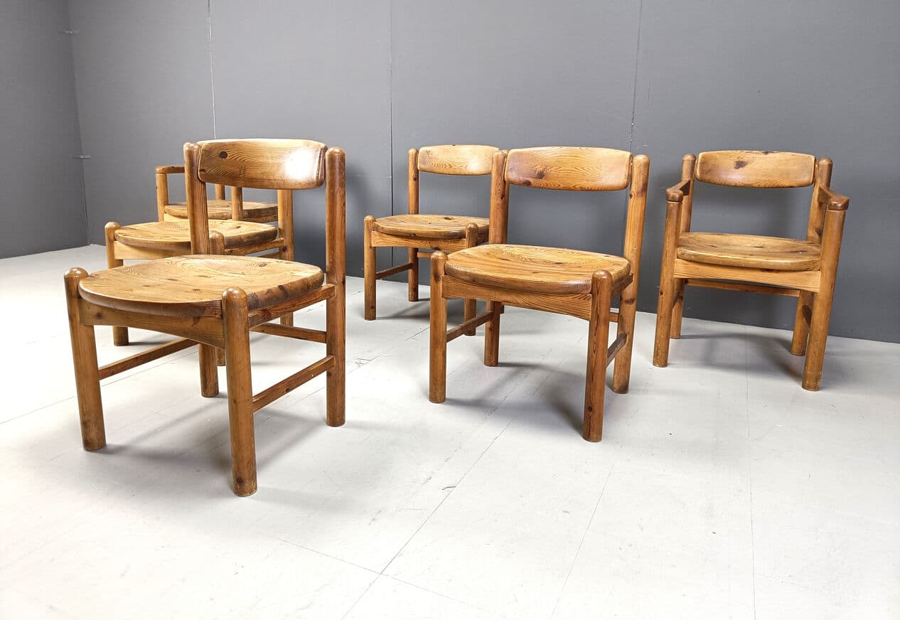 Set of six dining chairs, brown pine, by R. Daumiller, Denmark, 1970s. - 270528