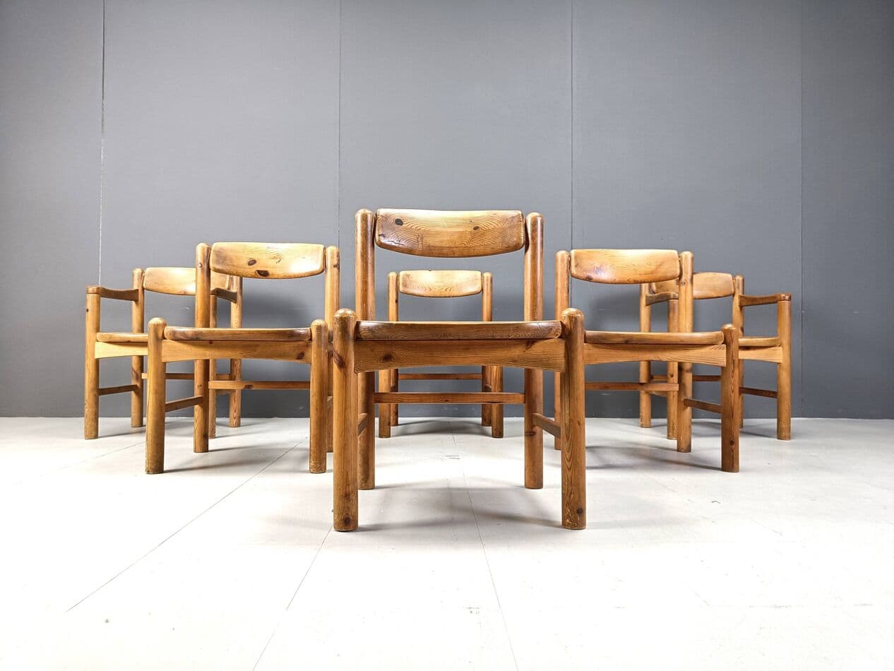 Set of six dining chairs, brown pine, by R. Daumiller, Denmark, 1970s. - 270529