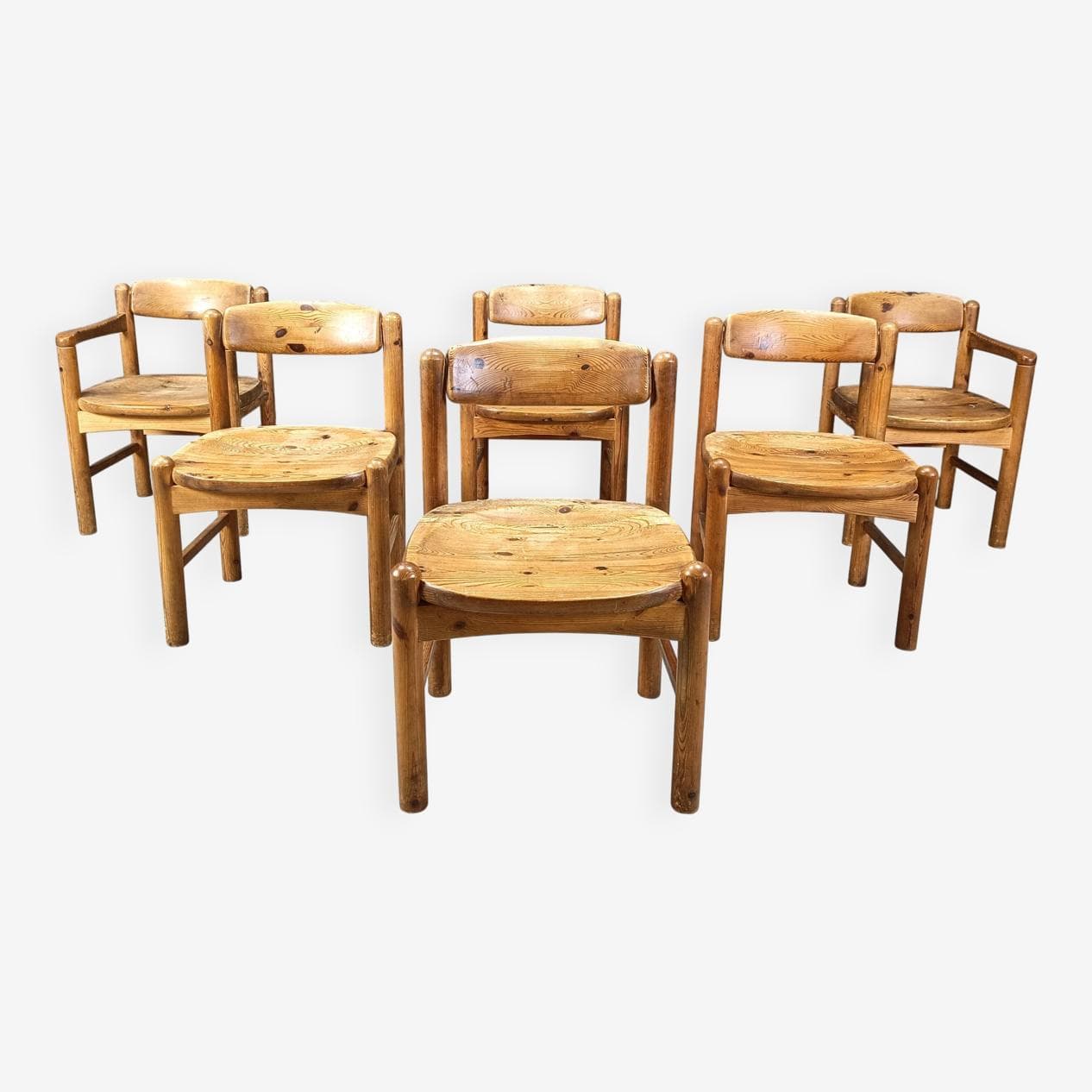 Set of six dining chairs, brown pine, by R. Daumiller, Denmark, 1970s. - 270524