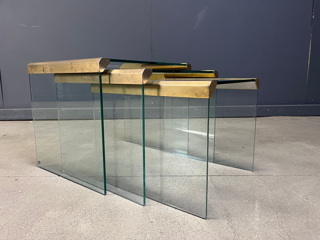 Zestaw trzech stolików T35, szkło transparent, mosiądz, Galotti & Radice, Włochy, lata 70. - 270475
