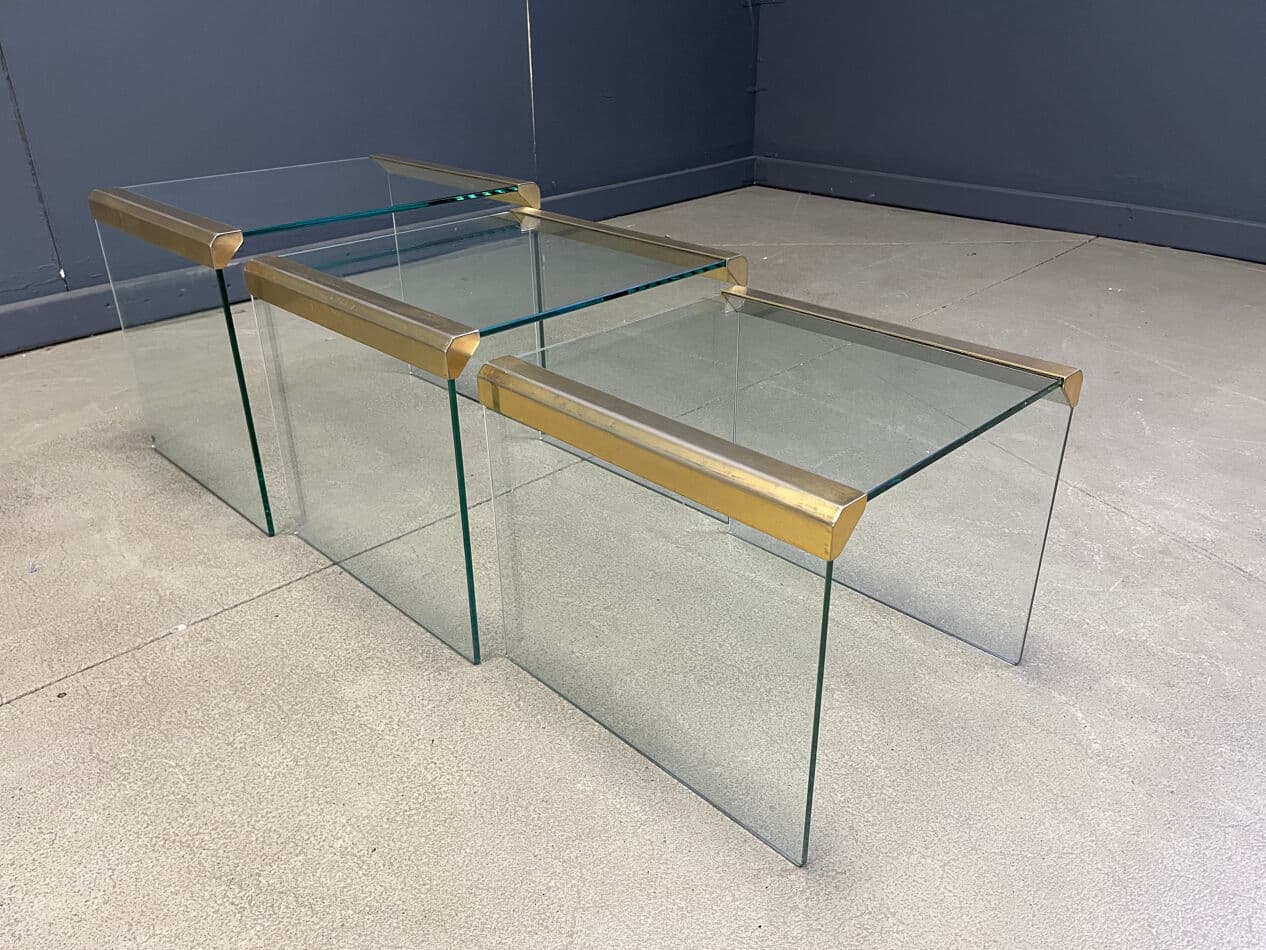 Zestaw trzech stolików T35, szkło transparent, mosiądz, Galotti & Radice, Włochy, lata 70. - 270481