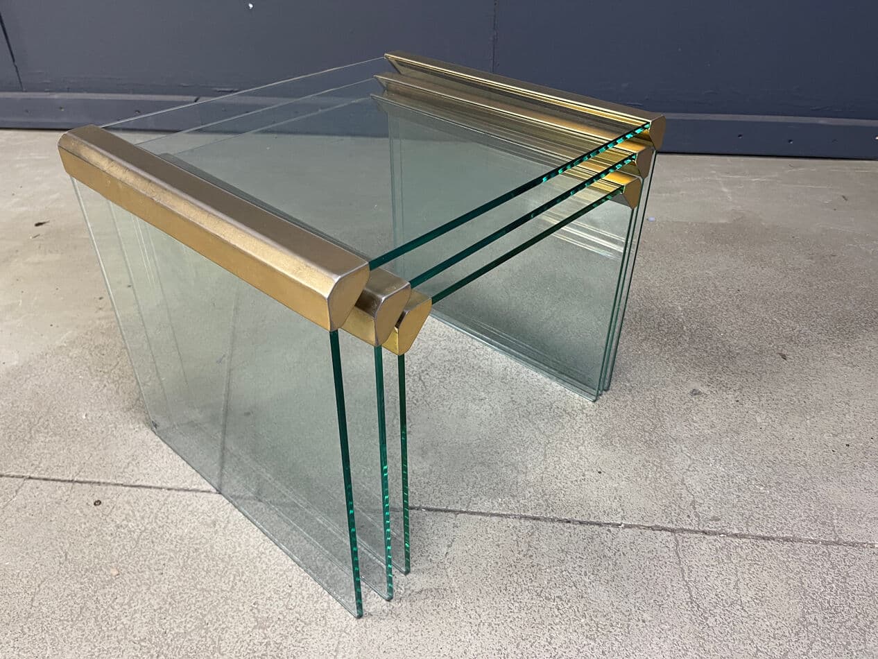 Zestaw trzech stolików T35, szkło transparent, mosiądz, Galotti & Radice, Włochy, lata 70. - 270474