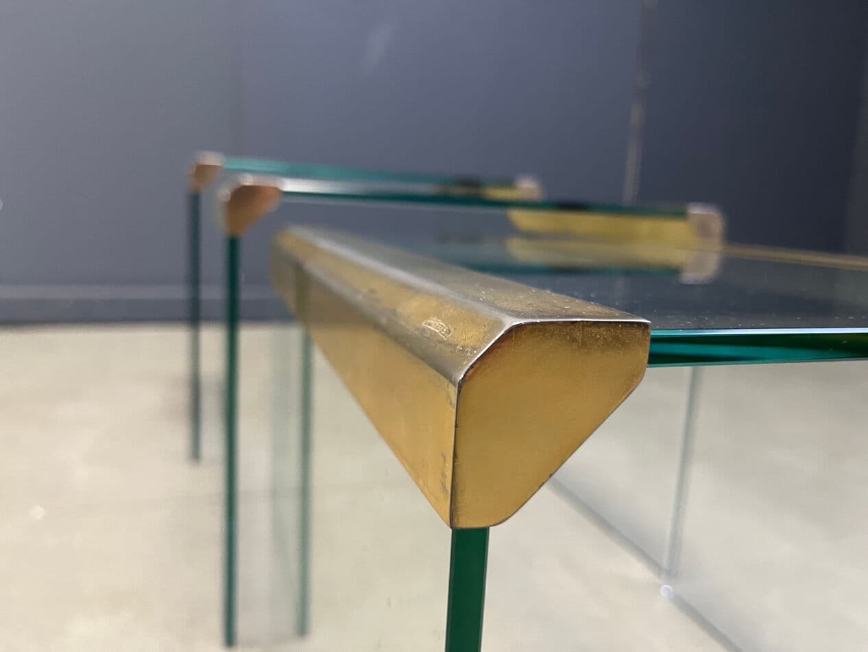 Zestaw trzech stolików T35, szkło transparent, mosiądz, Galotti & Radice, Włochy, lata 70. - 270477