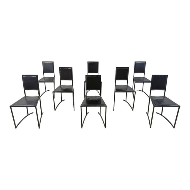 Set of eight postmodern dining chairs, black synthetic leather, black steel, Italy, 1980s. - DIMENSION