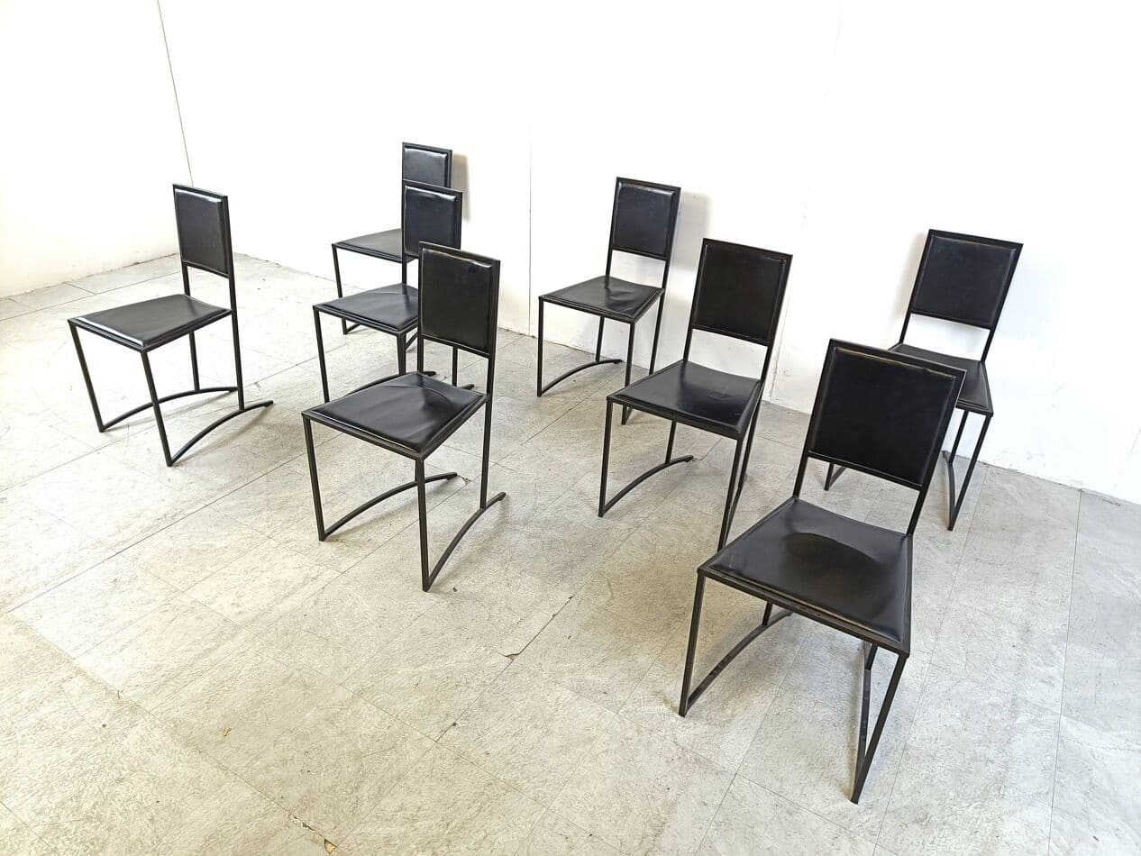 Set of eight postmodern dining chairs, black synthetic leather, black steel, Italy, 1980s. - 270407