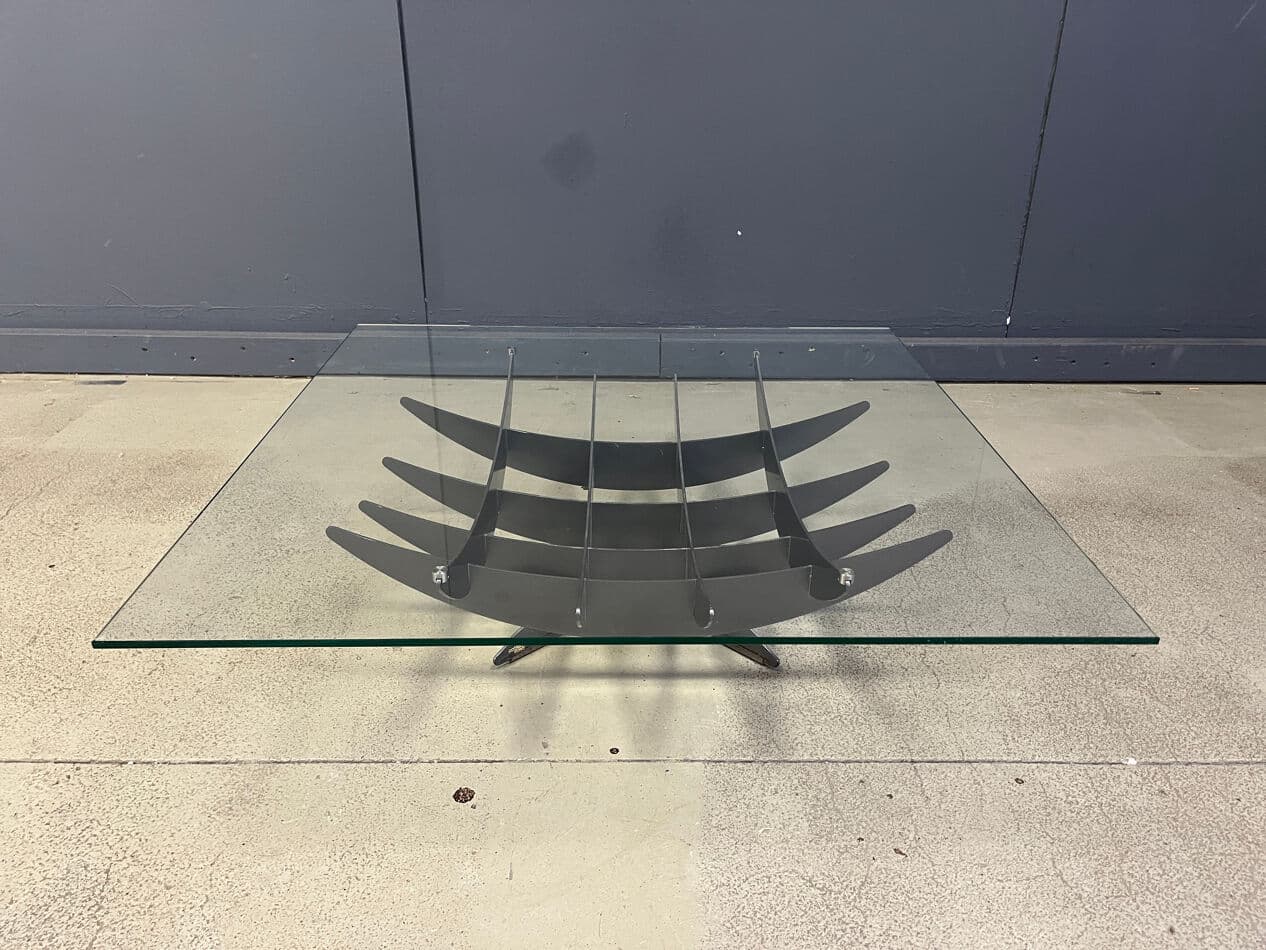 Stolik kawowy Atlas, szkło przezroczyste, stal ciemnoszara, Cattelan Italy, Włochy, lata 90. - 270352