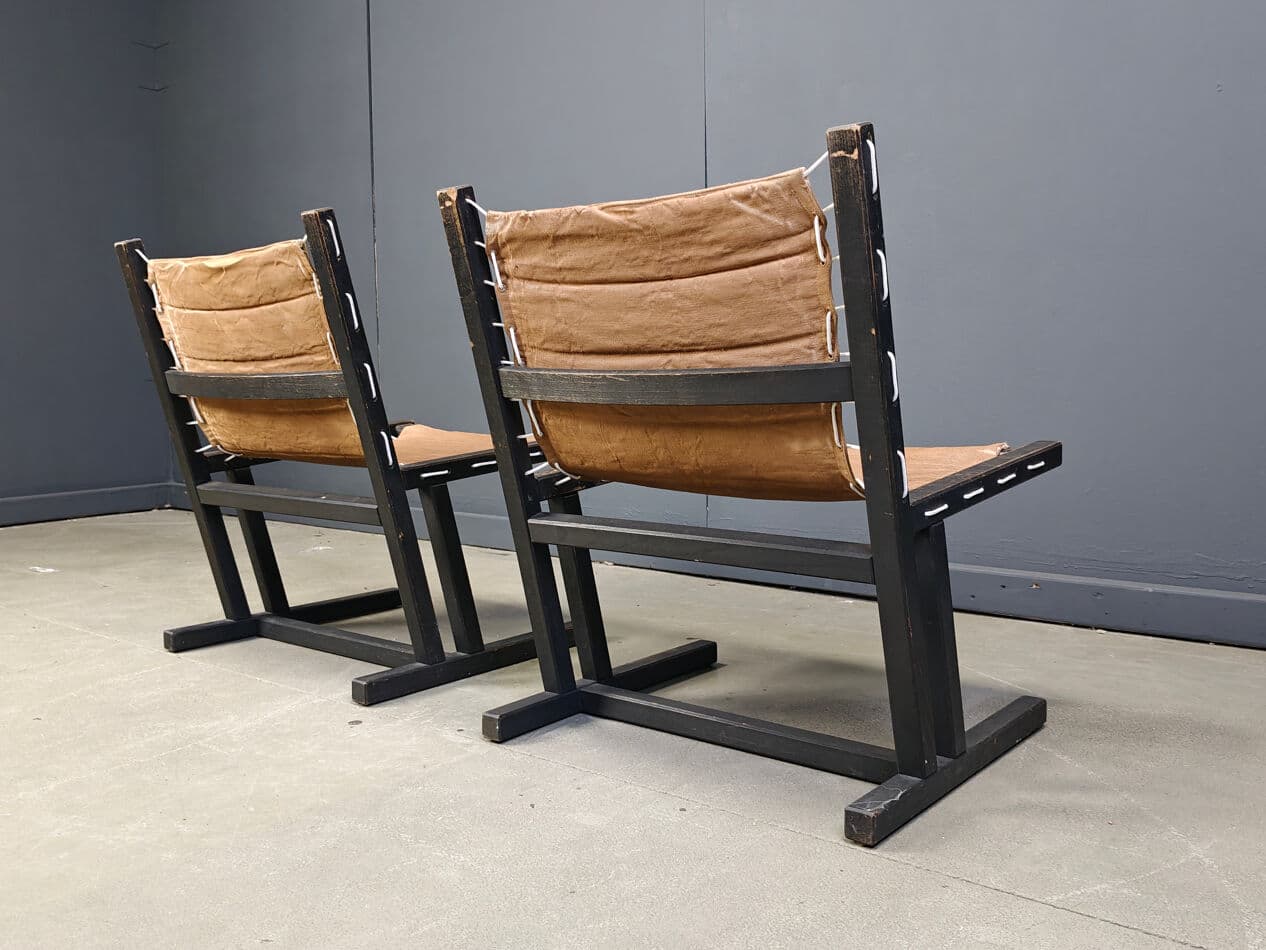 Pair of safari chairs, brown canvas, black wood, Casala, Germany, 1970s. - 270315