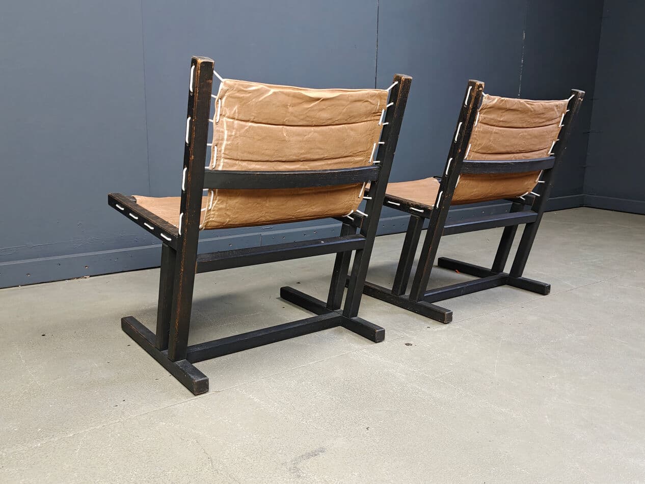 Pair of safari chairs, brown canvas, black wood, Casala, Germany, 1970s. - 270325