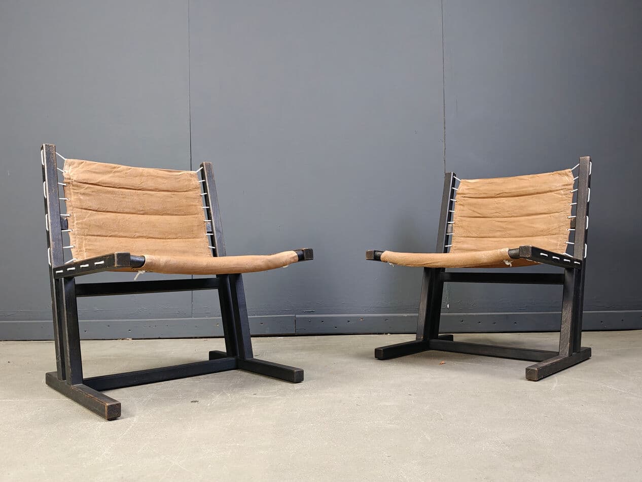 Pair of safari chairs, brown canvas, black wood, Casala, Germany, 1970s. - 270320