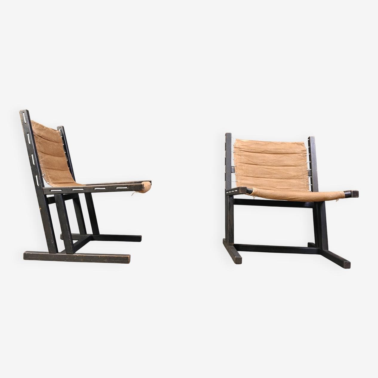 Pair of safari chairs, brown canvas, black wood, Casala, Germany, 1970s. - 270317