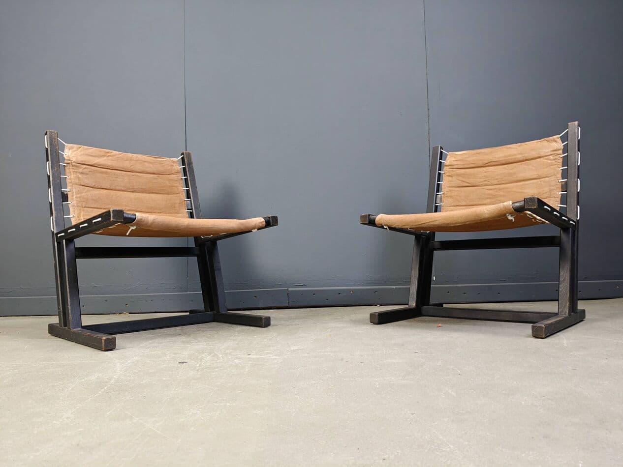 Pair of safari chairs, brown canvas, black wood, Casala, Germany, 1970s. - 270321