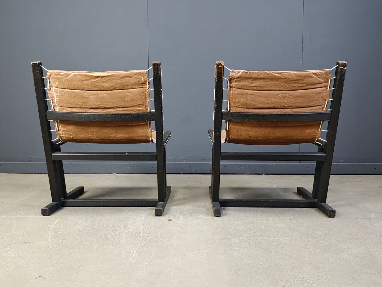 Pair of safari chairs, brown canvas, black wood, Casala, Germany, 1970s. - 270324