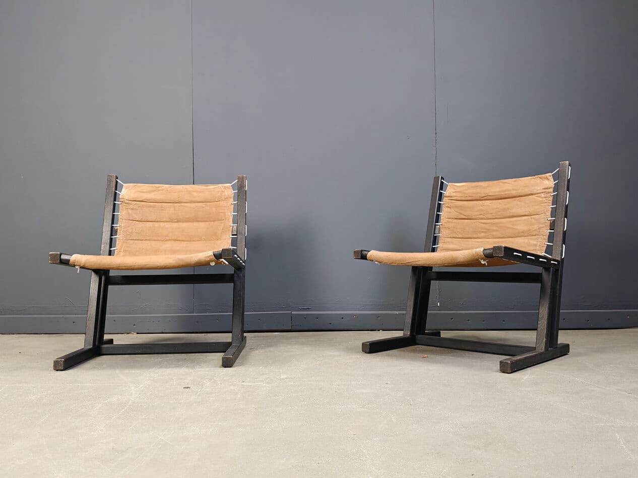 Pair of safari chairs, brown canvas, black wood, Casala, Germany, 1970s. - 270322