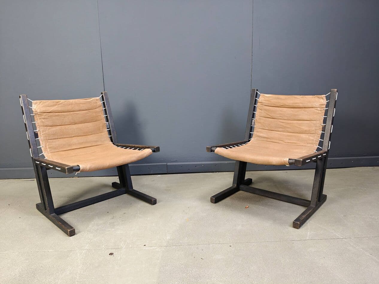 Pair of safari chairs, brown canvas, black wood, Casala, Germany, 1970s. - 270318