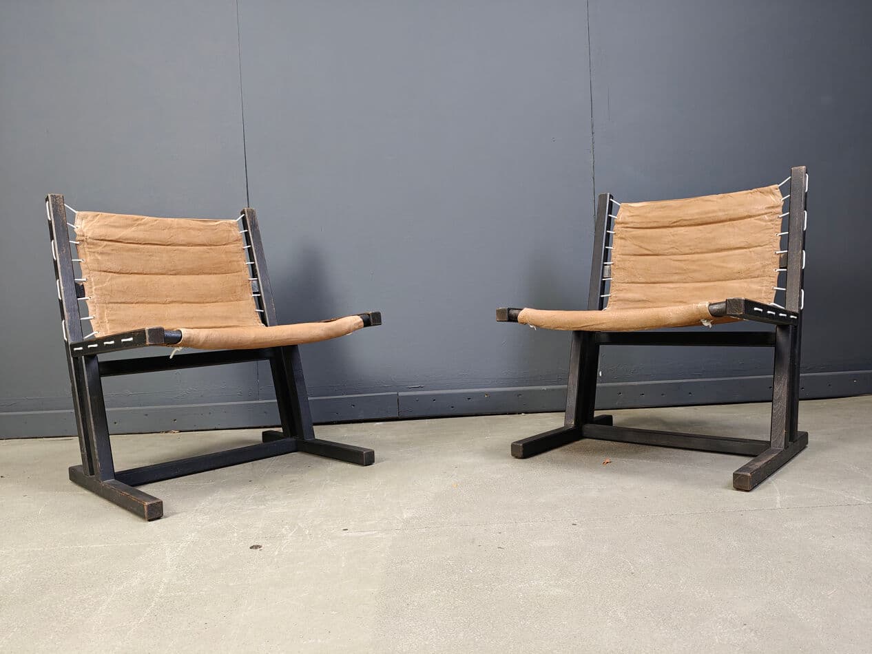 Pair of safari chairs, brown canvas, black wood, Casala, Germany, 1970s. - 270319