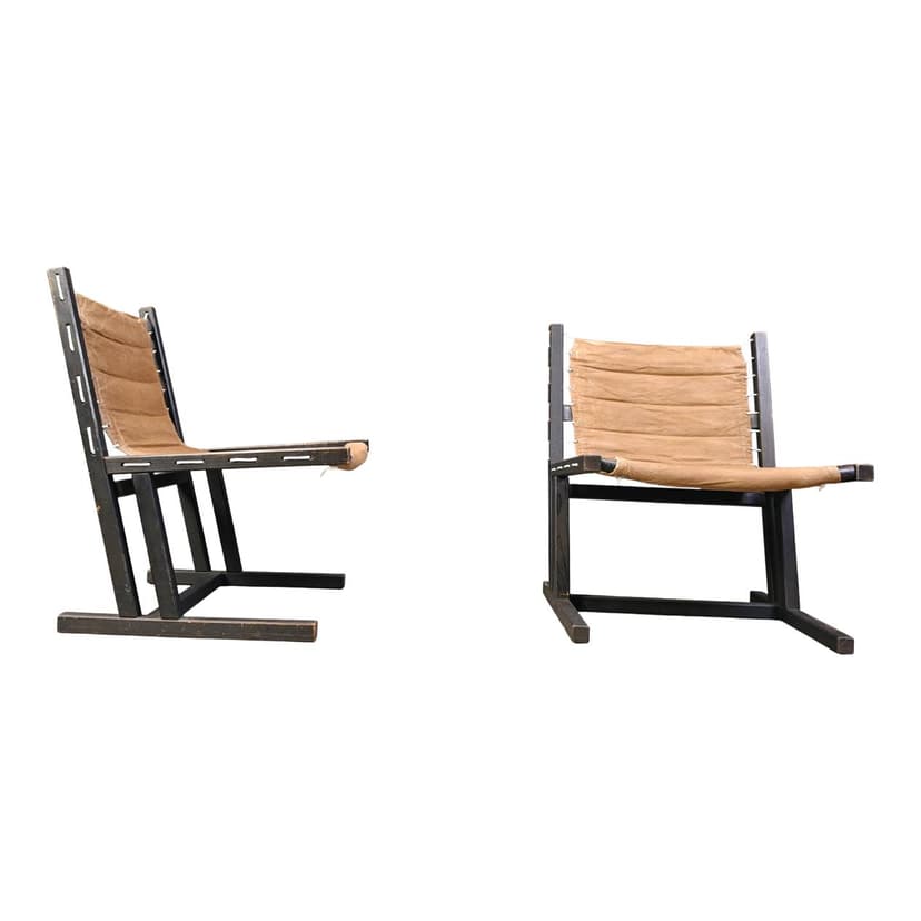 Pair of safari chairs, brown canvas, black wood, Casala, Germany, 1970s.
