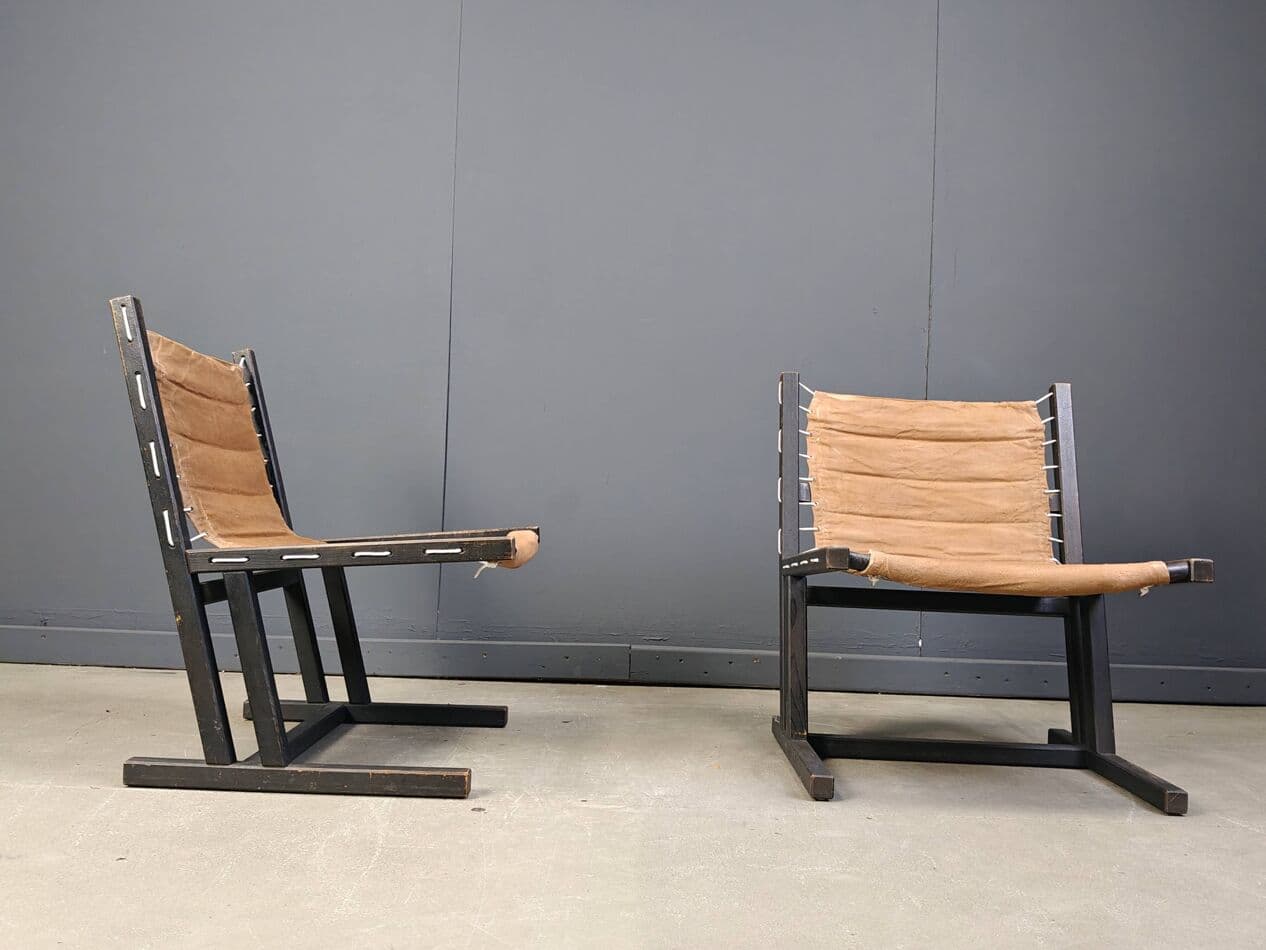 Pair of safari chairs, brown canvas, black wood, Casala, Germany, 1970s. - 270316