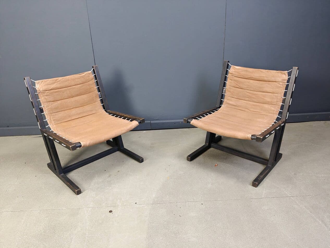 Pair of safari chairs, brown canvas, black wood, Casala, Germany, 1970s. - 270314