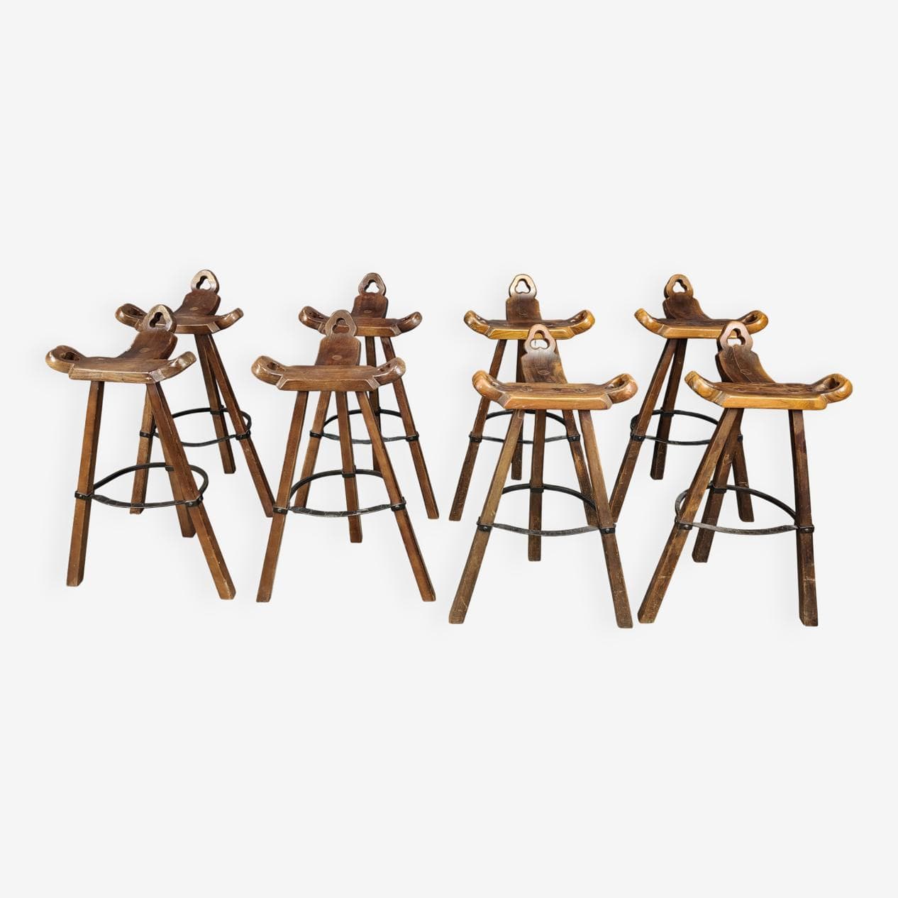 Zestaw ośmiu stołków barowych brutalistycznych, brązowy, drewno, Hiszpania, lata 60. - 270295