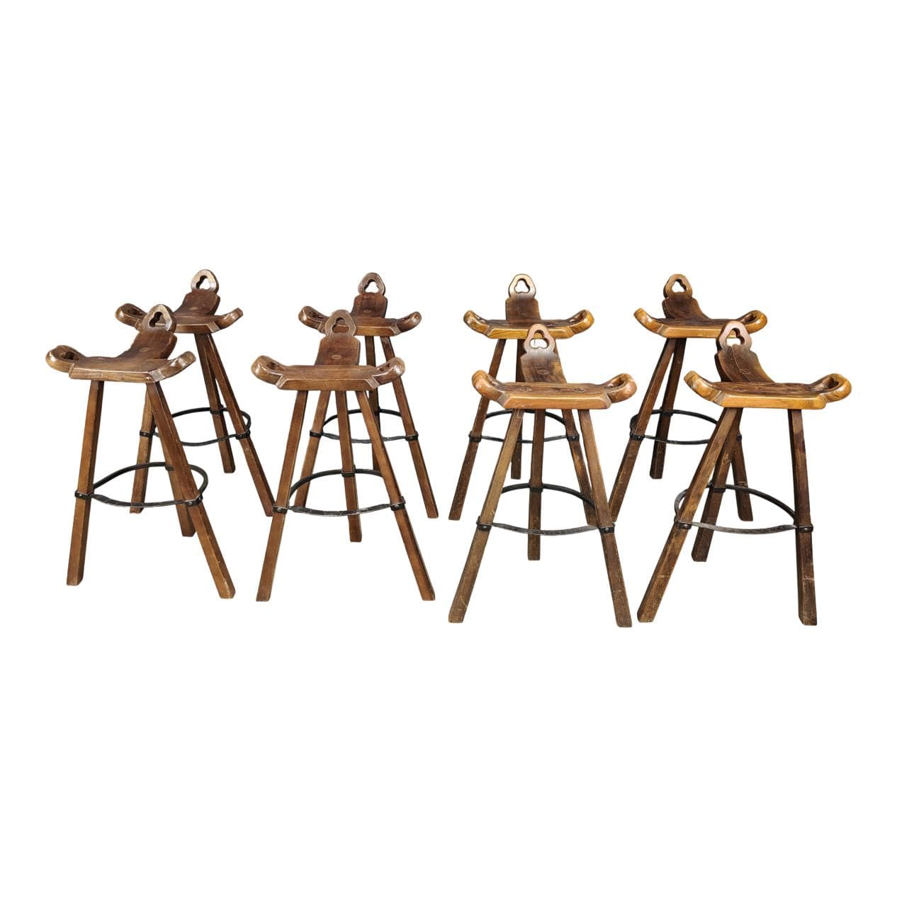 Zestaw ośmiu stołków barowych brutalistycznych, brązowy, drewno, Hiszpania, lata 60.