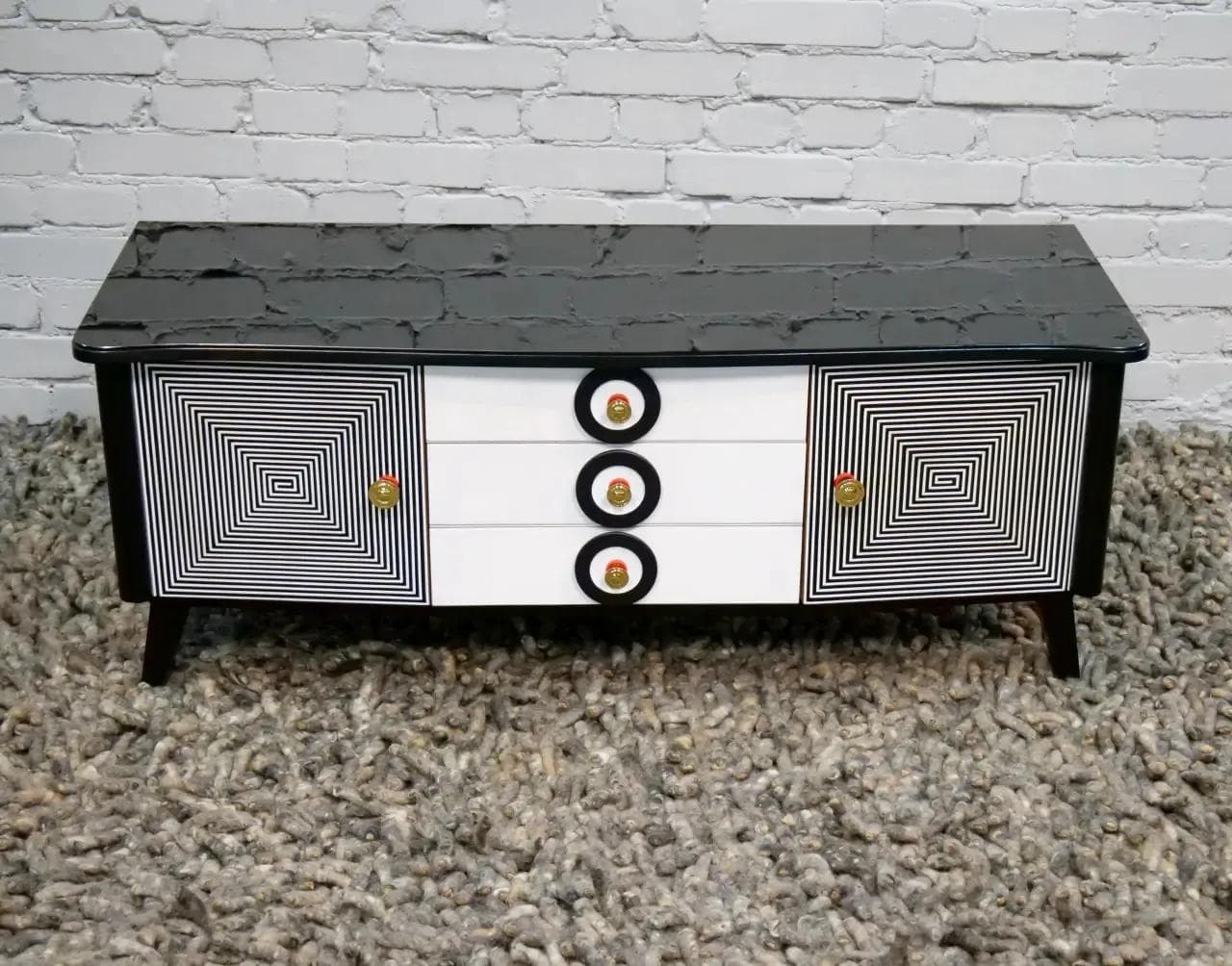 Komoda modernistyczna, czarny biały, drewno szkło, Polska, lata 60. - 19269