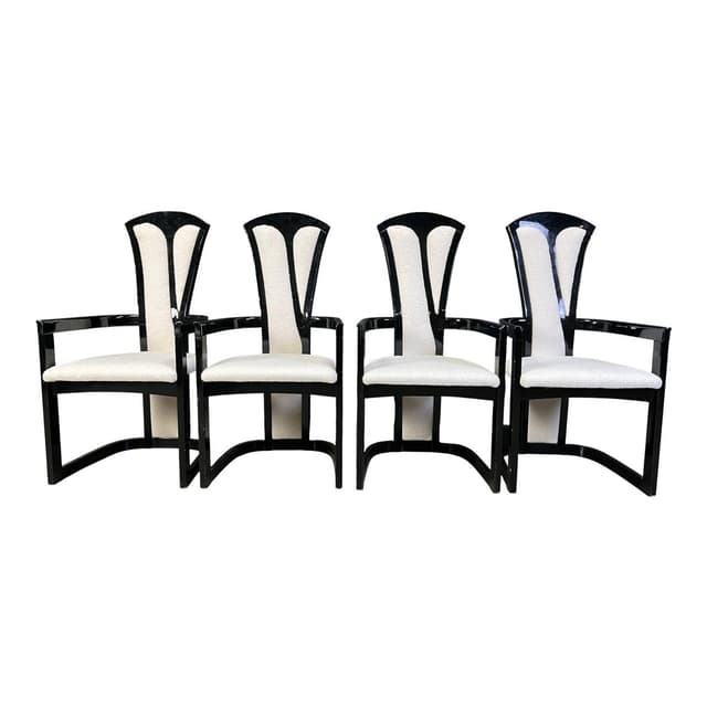 Zestaw czterech krzeseł z podłokietnikami, drewno lakierowane czarne, bouclé kremowy, Włochy, lata 80. - WYMIARY