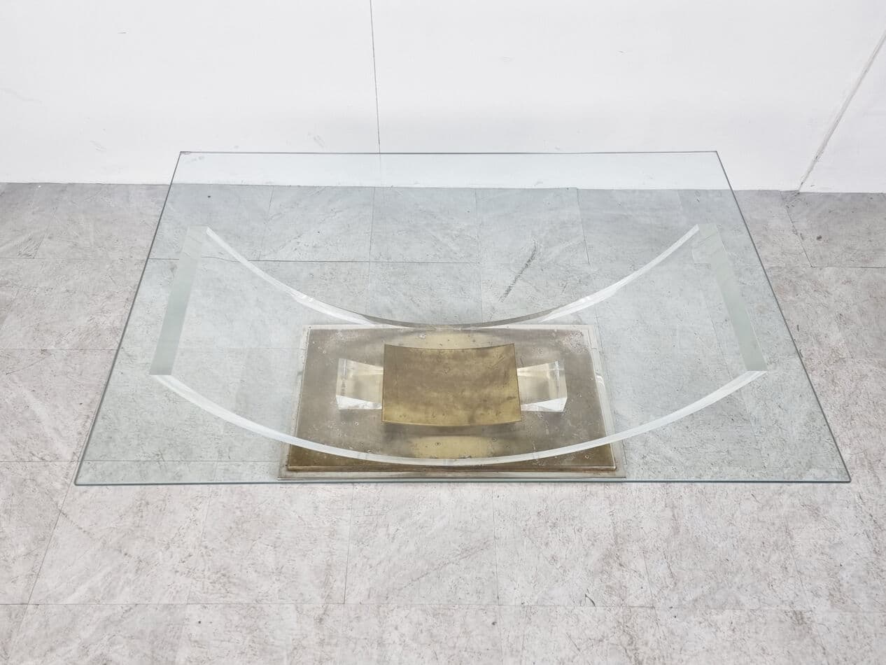 Coffee table, transparent glass, acrylic, brass, Belgium, 1970s. - 270252