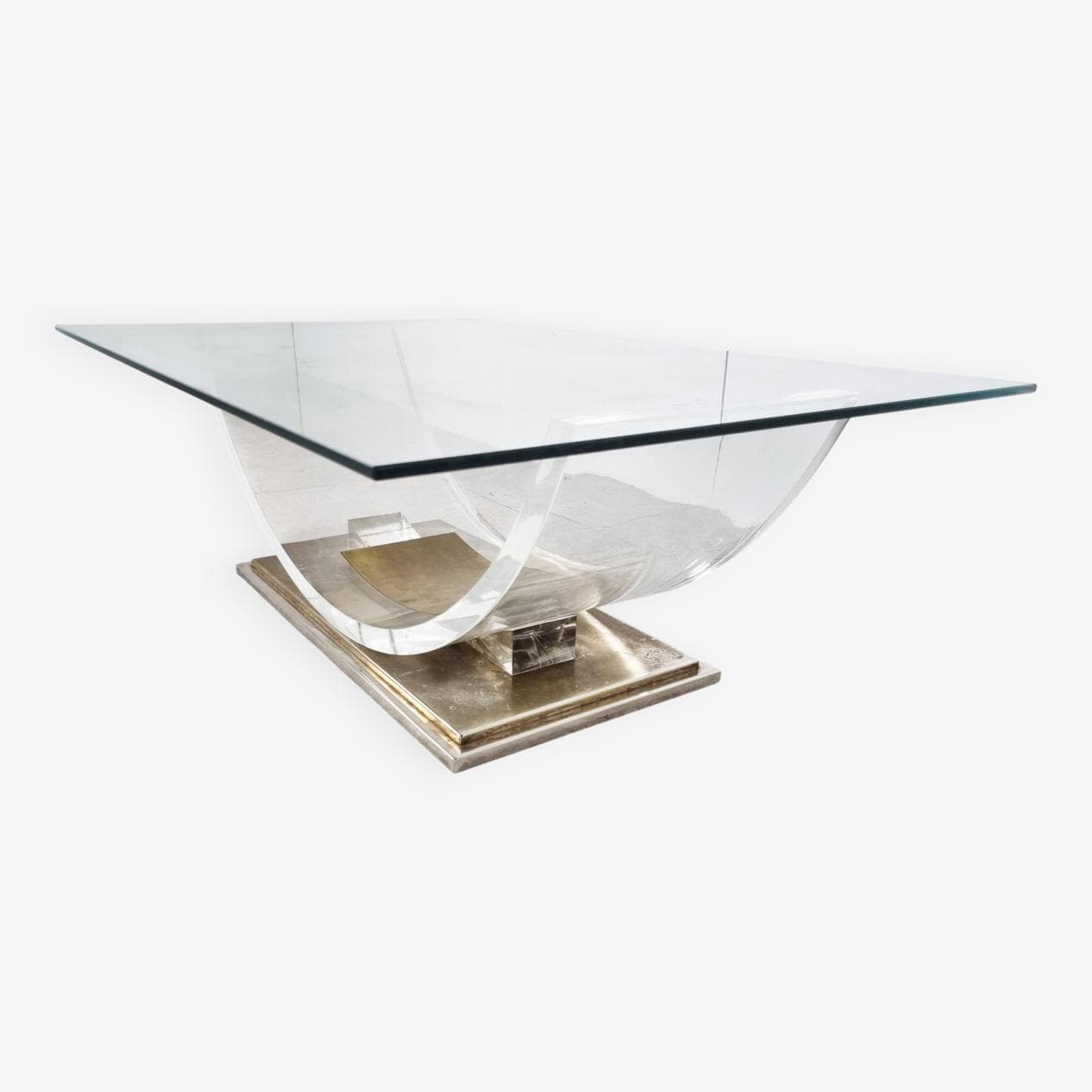 Coffee table, transparent glass, acrylic, brass, Belgium, 1970s. - 270249