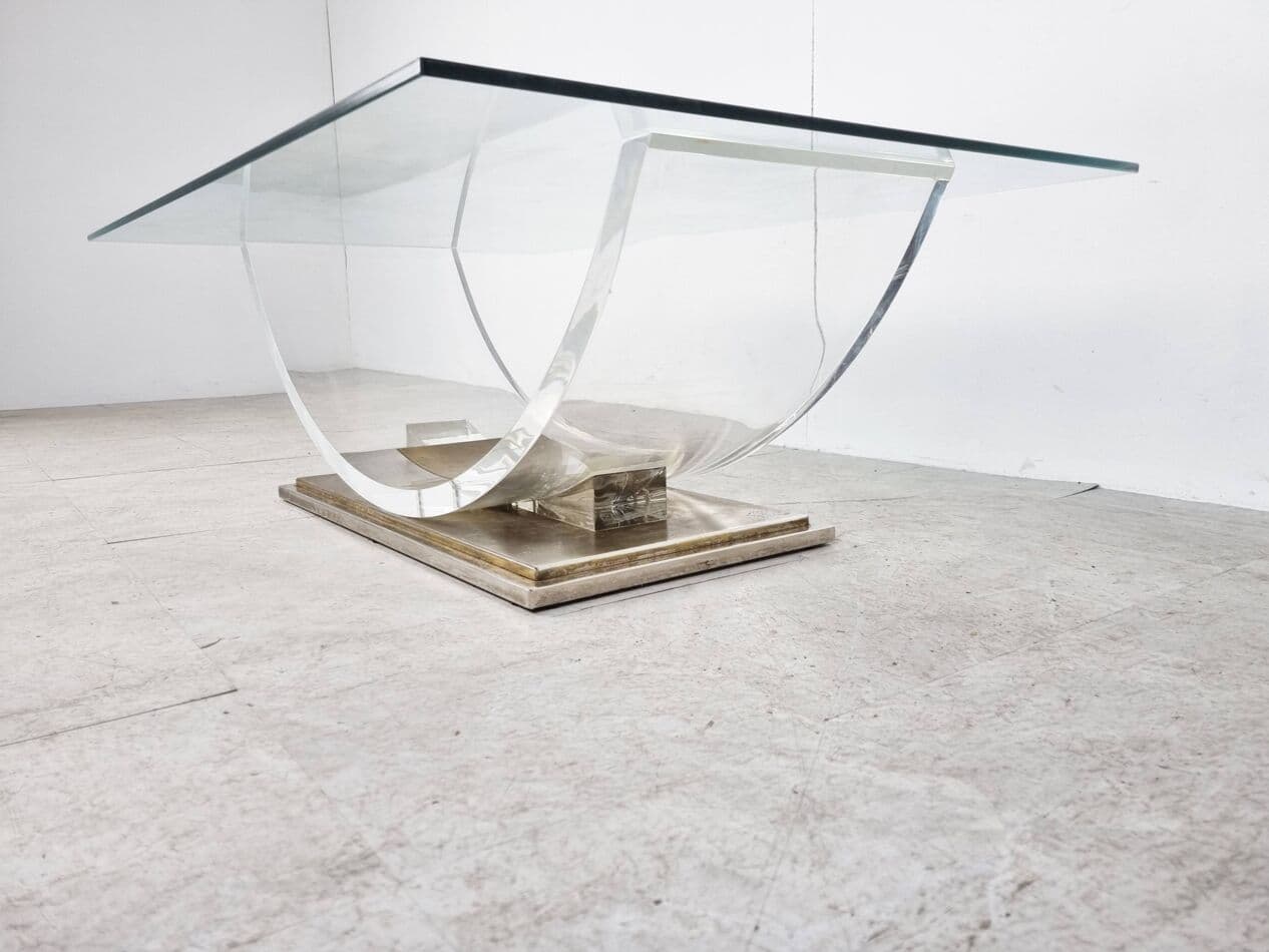 Coffee table, transparent glass, acrylic, brass, Belgium, 1970s. - 270251