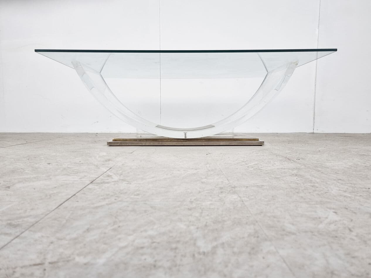 Coffee table, transparent glass, acrylic, brass, Belgium, 1970s. - 270254