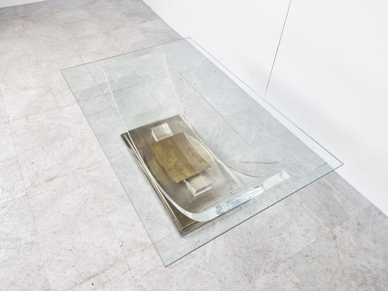 Coffee table, transparent glass, acrylic, brass, Belgium, 1970s. - 270253