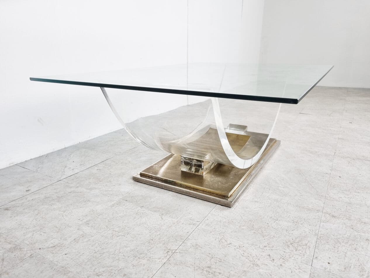 Coffee table, transparent glass, acrylic, brass, Belgium, 1970s. - 270257