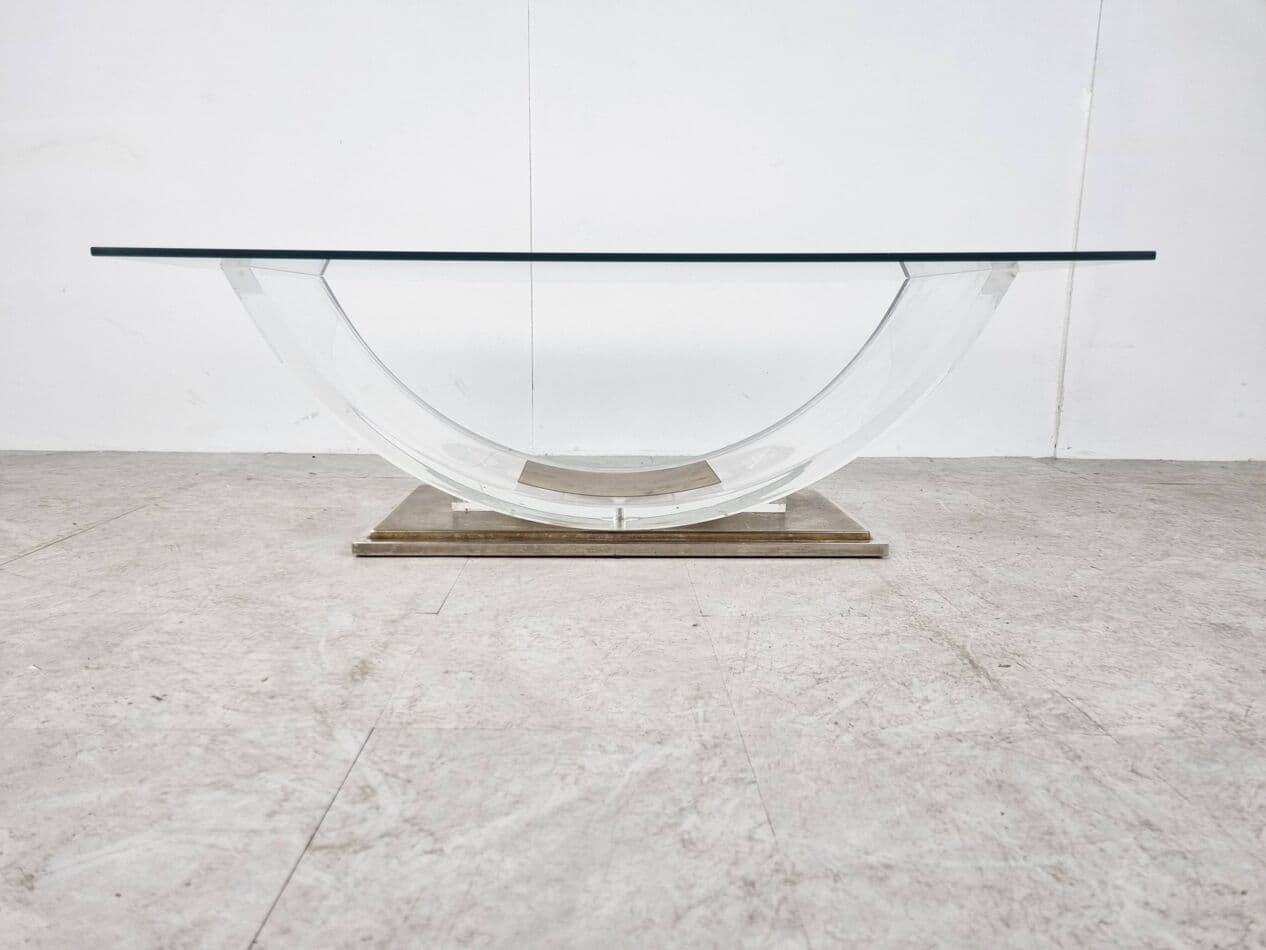Coffee table, transparent glass, acrylic, brass, Belgium, 1970s. - 270256