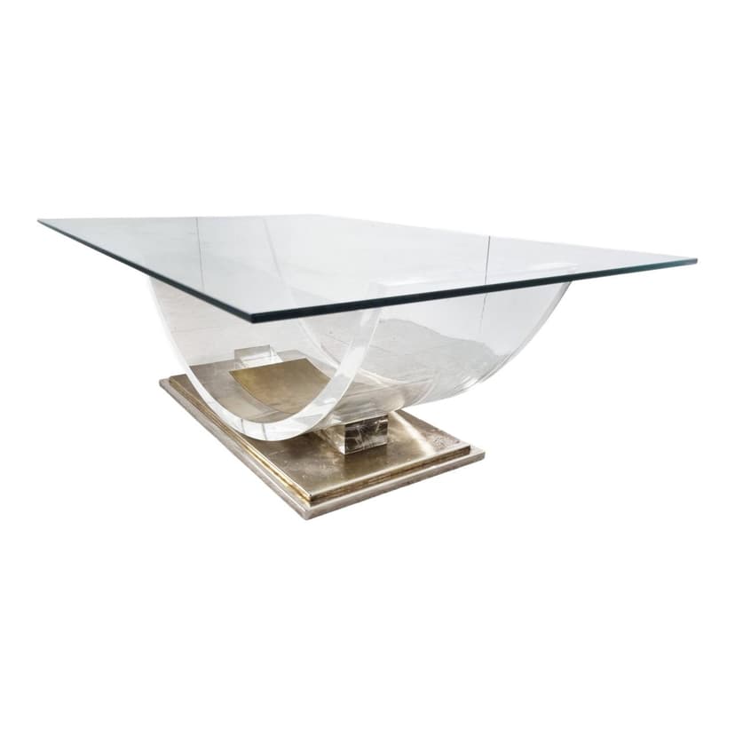 Coffee table, transparent glass, acrylic, brass, Belgium, 1970s.