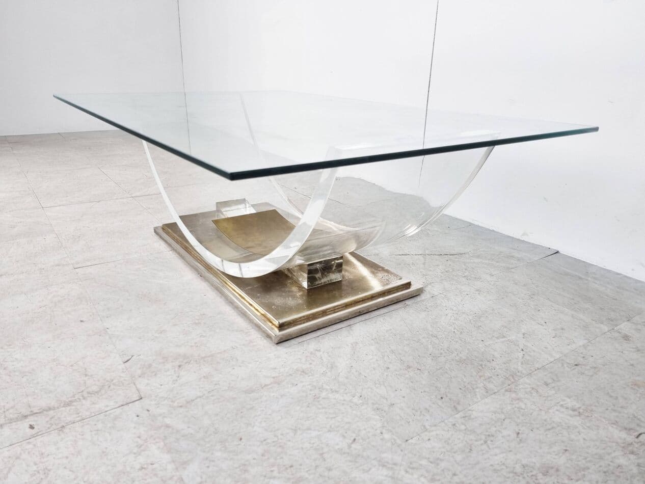 Coffee table, transparent glass, acrylic, brass, Belgium, 1970s. - 270248