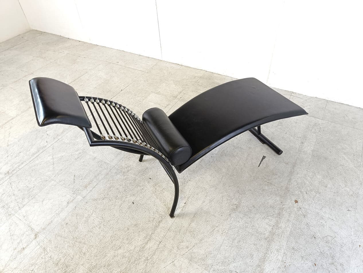 Chaise longue, minimalist, black metal, leather, Italy, 1990s - 270241