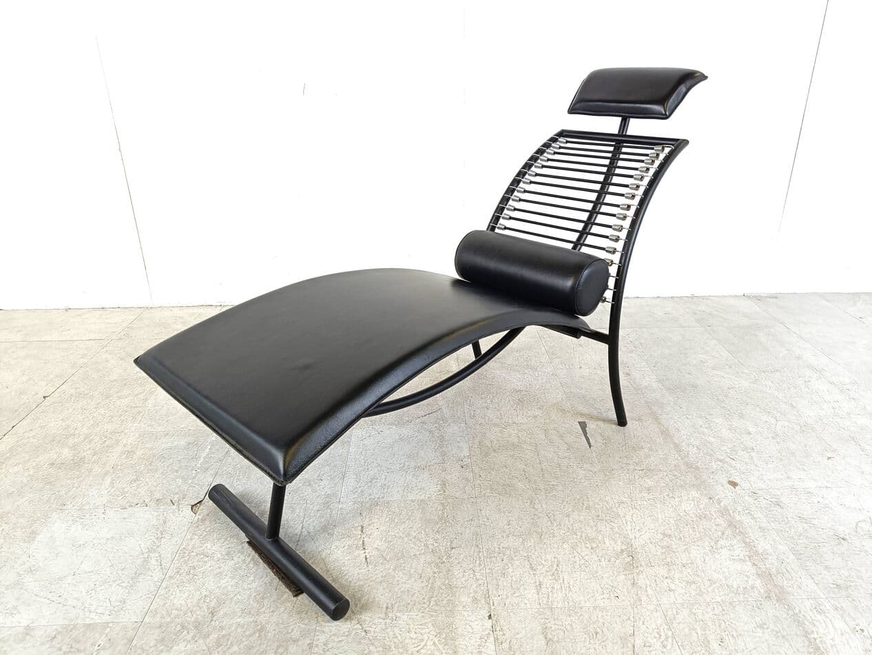 Chaise longue, minimalist, black metal, leather, Italy, 1990s - 270237