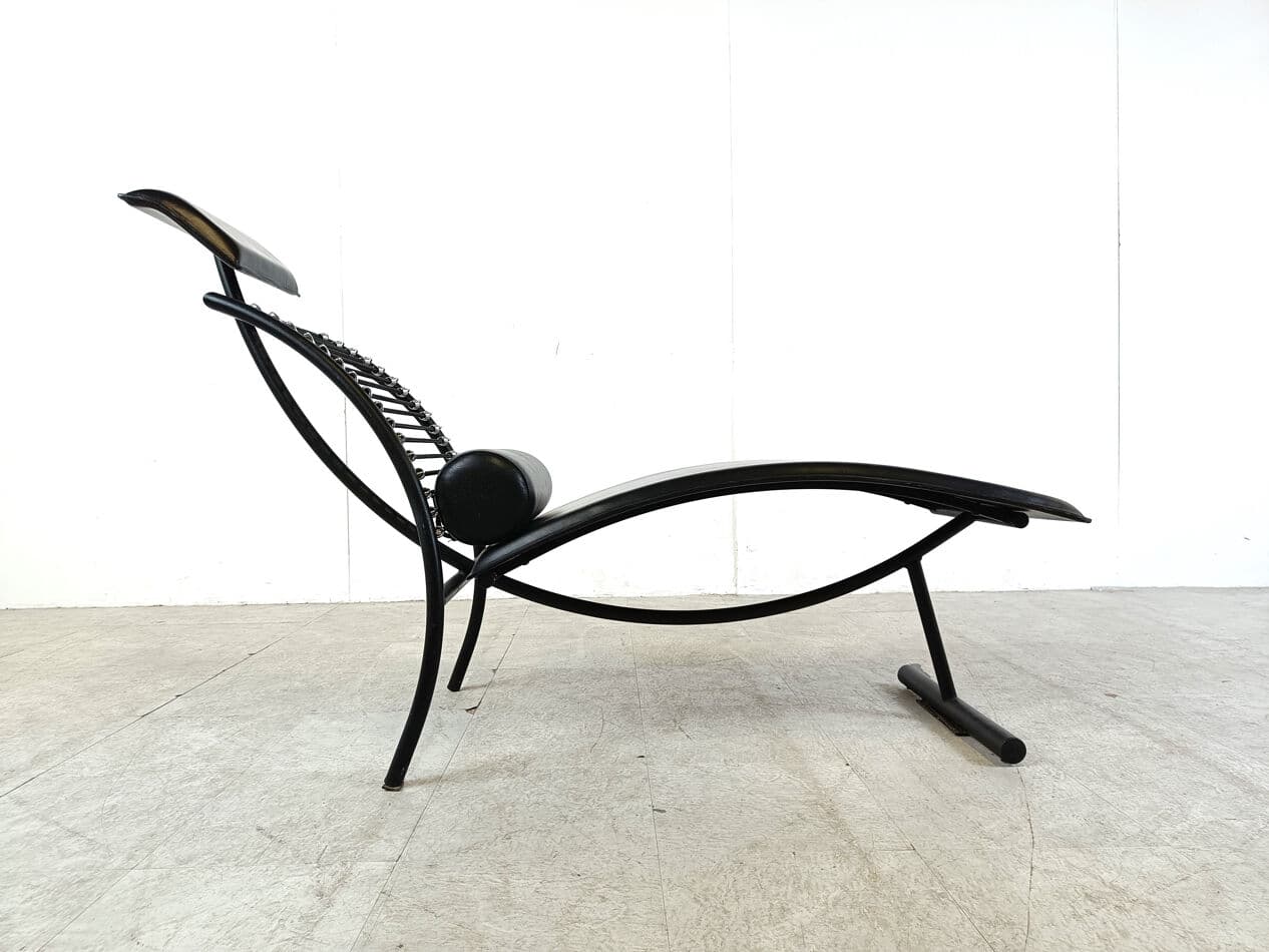 Chaise longue, minimalist, black metal, leather, Italy, 1990s - 270240