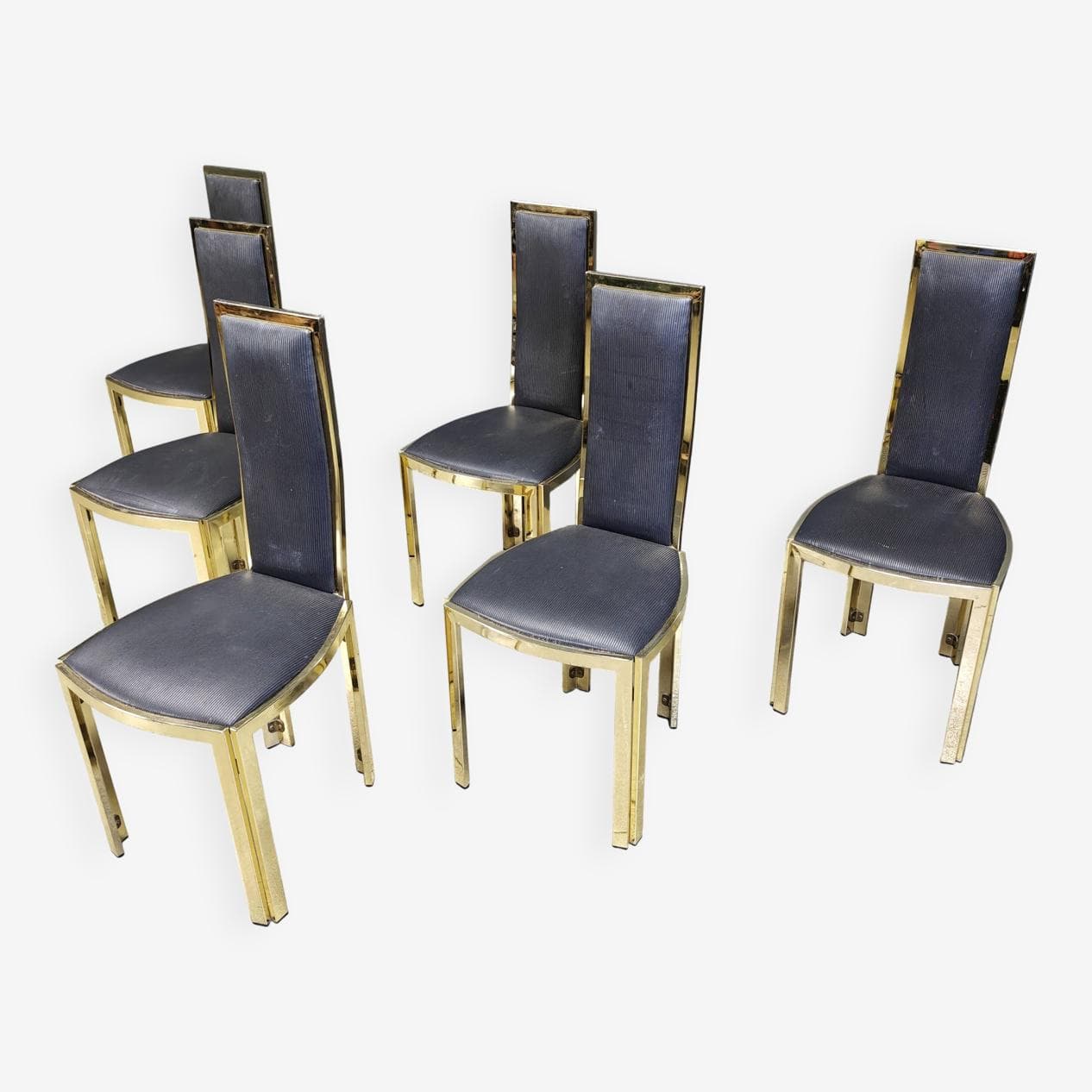 Set of Six Dining Chairs, gold brass, black vinyl, France, 1970s - 270203