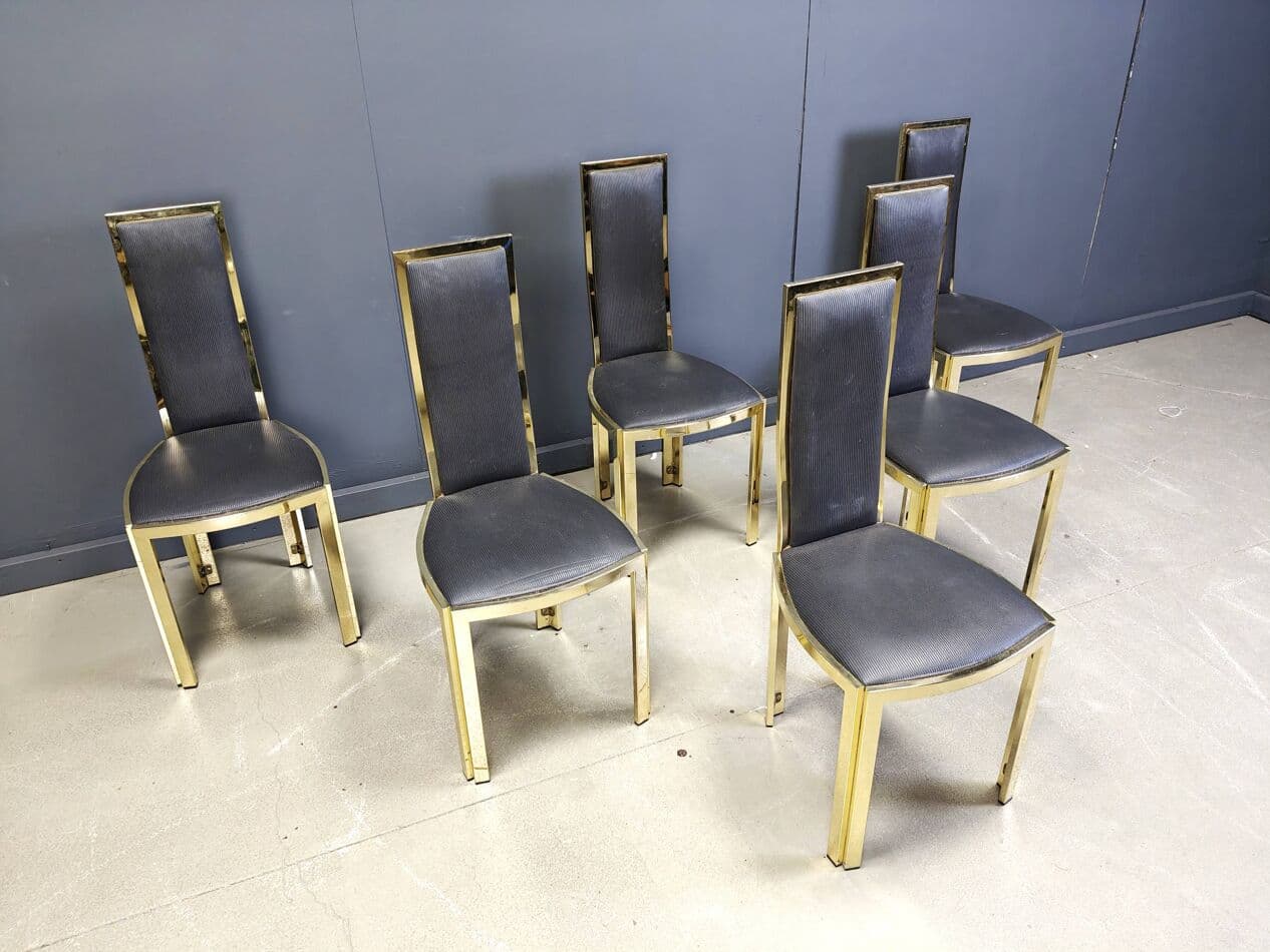 Set of Six Dining Chairs, gold brass, black vinyl, France, 1970s - 270209