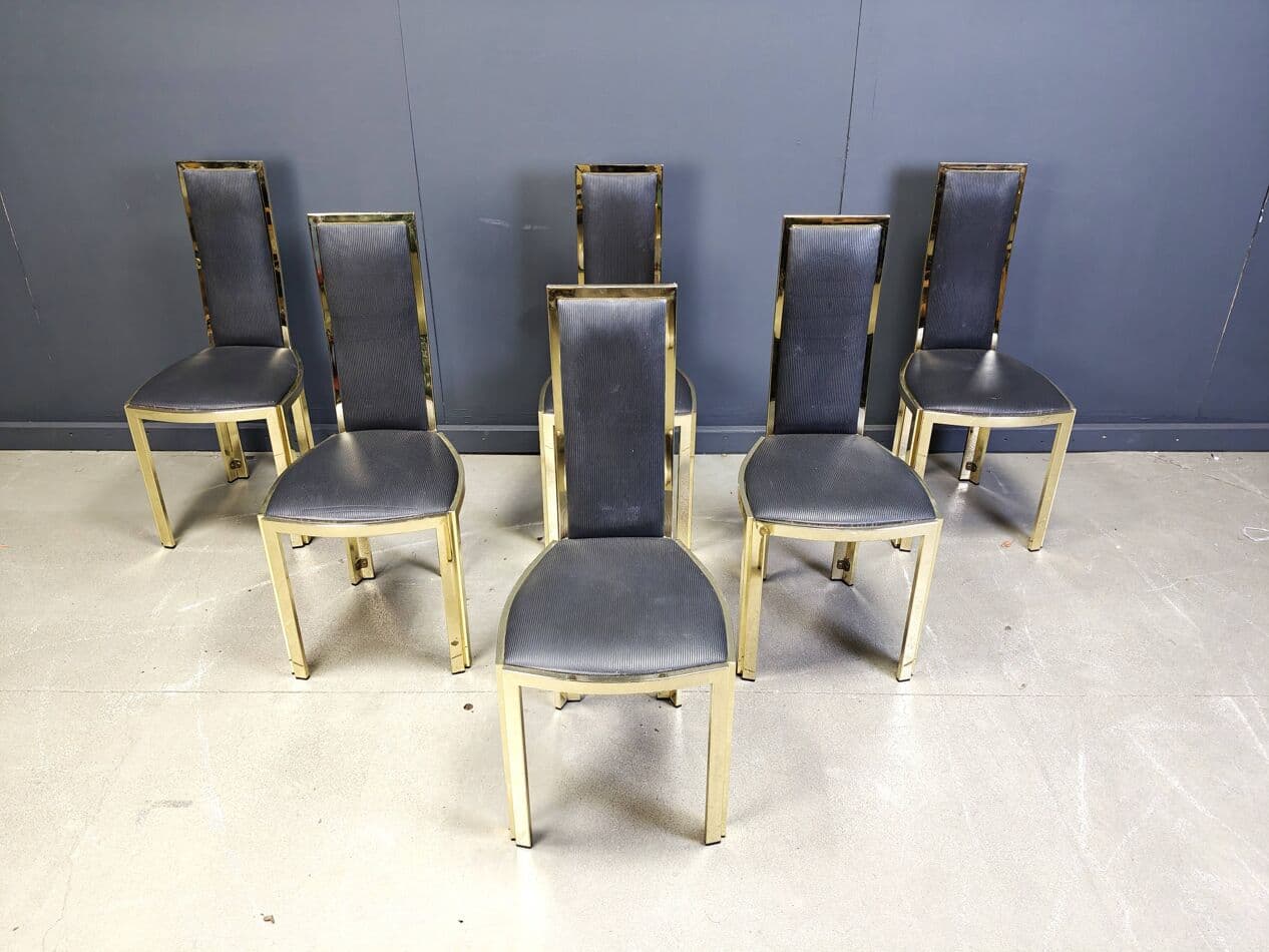 Set of Six Dining Chairs, gold brass, black vinyl, France, 1970s - 270201