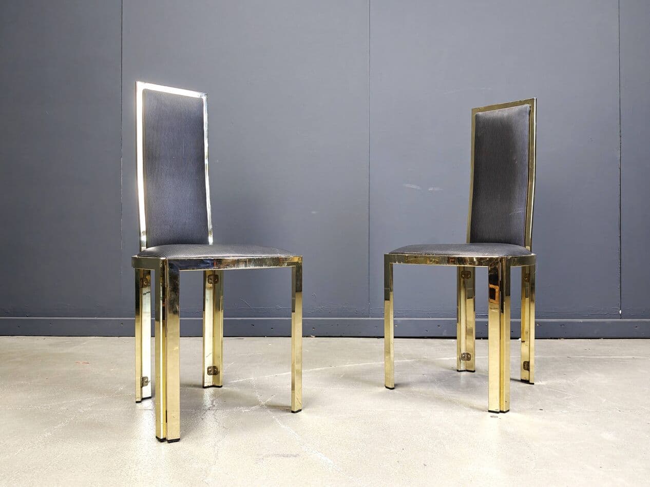 Set of Six Dining Chairs, gold brass, black vinyl, France, 1970s - 270204