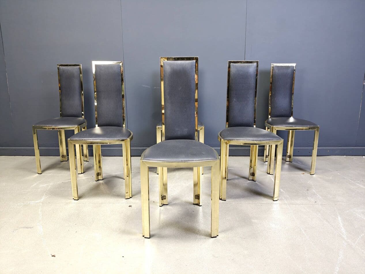 Set of Six Dining Chairs, gold brass, black vinyl, France, 1970s - 270211