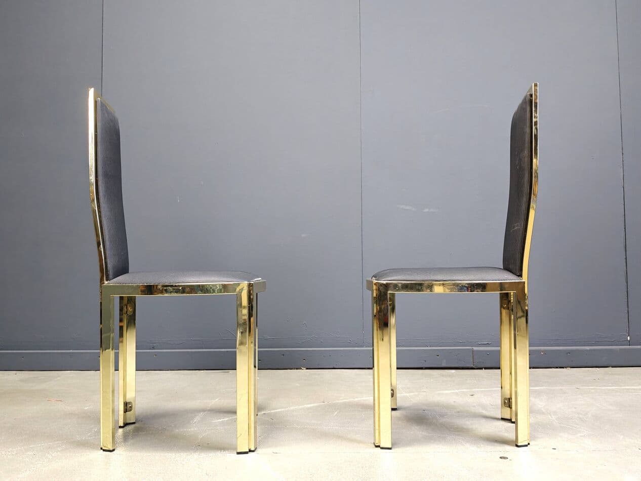 Set of Six Dining Chairs, gold brass, black vinyl, France, 1970s - 270200