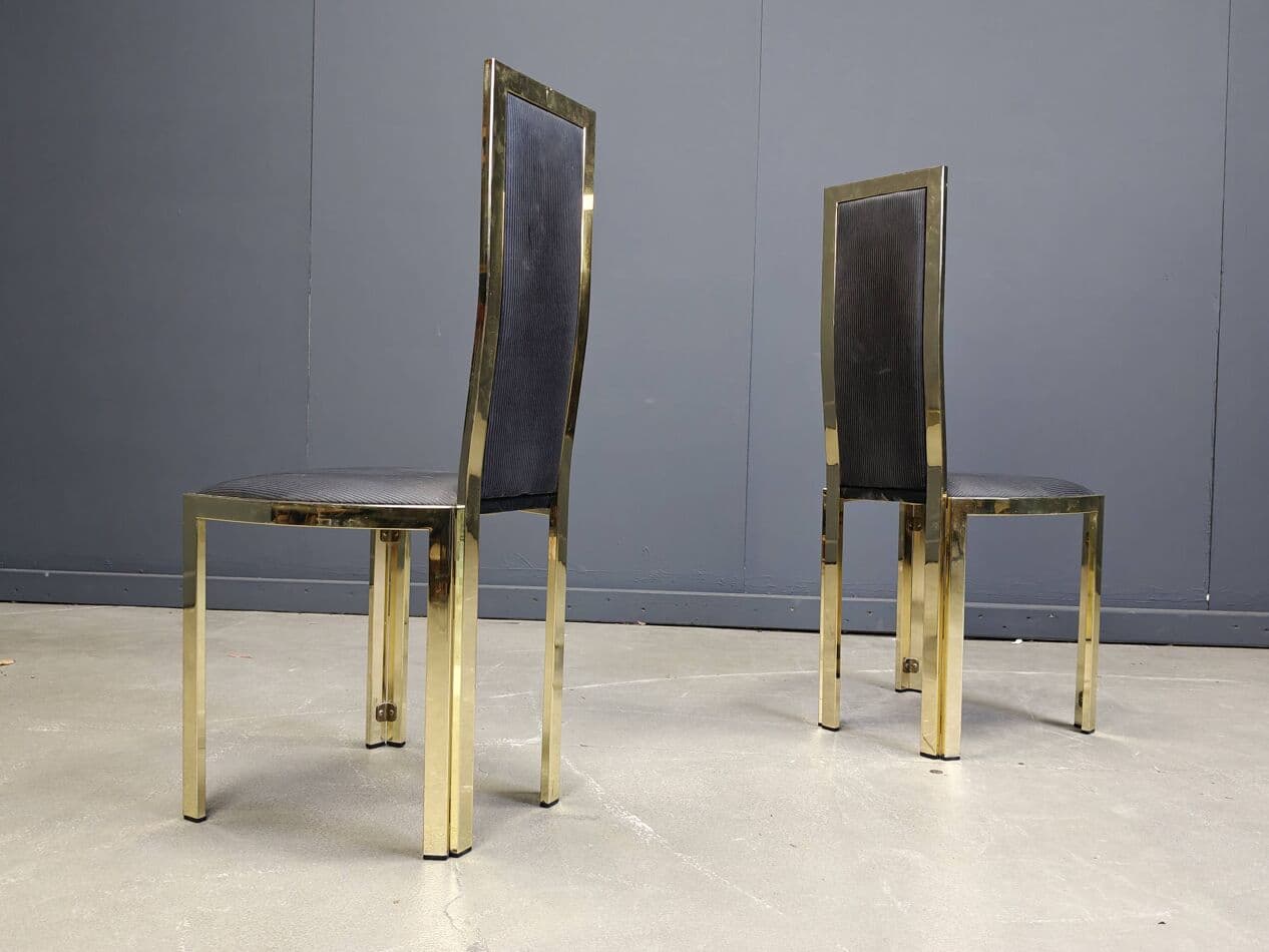 Set of Six Dining Chairs, gold brass, black vinyl, France, 1970s - 270202
