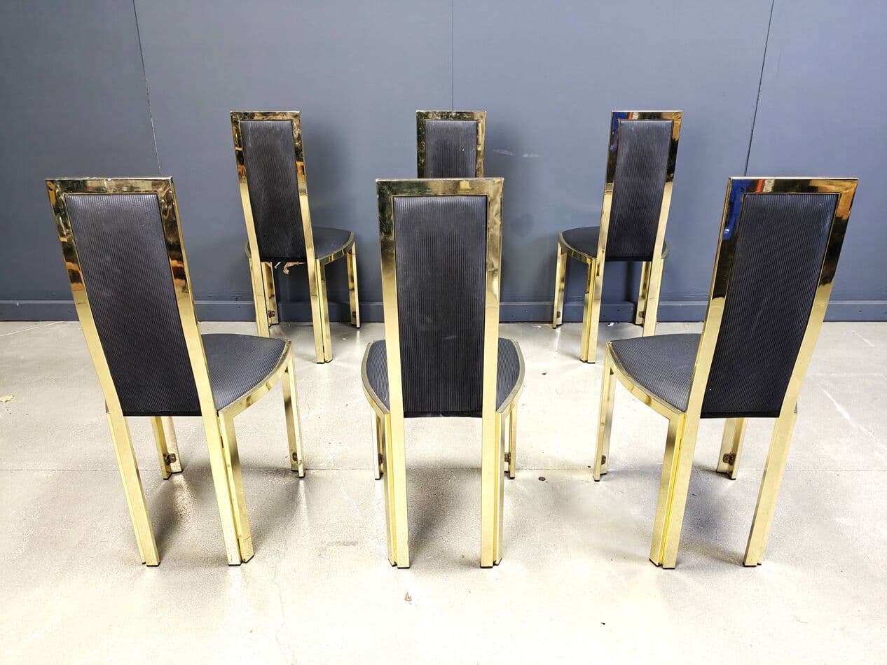 Set of Six Dining Chairs, gold brass, black vinyl, France, 1970s - 270207