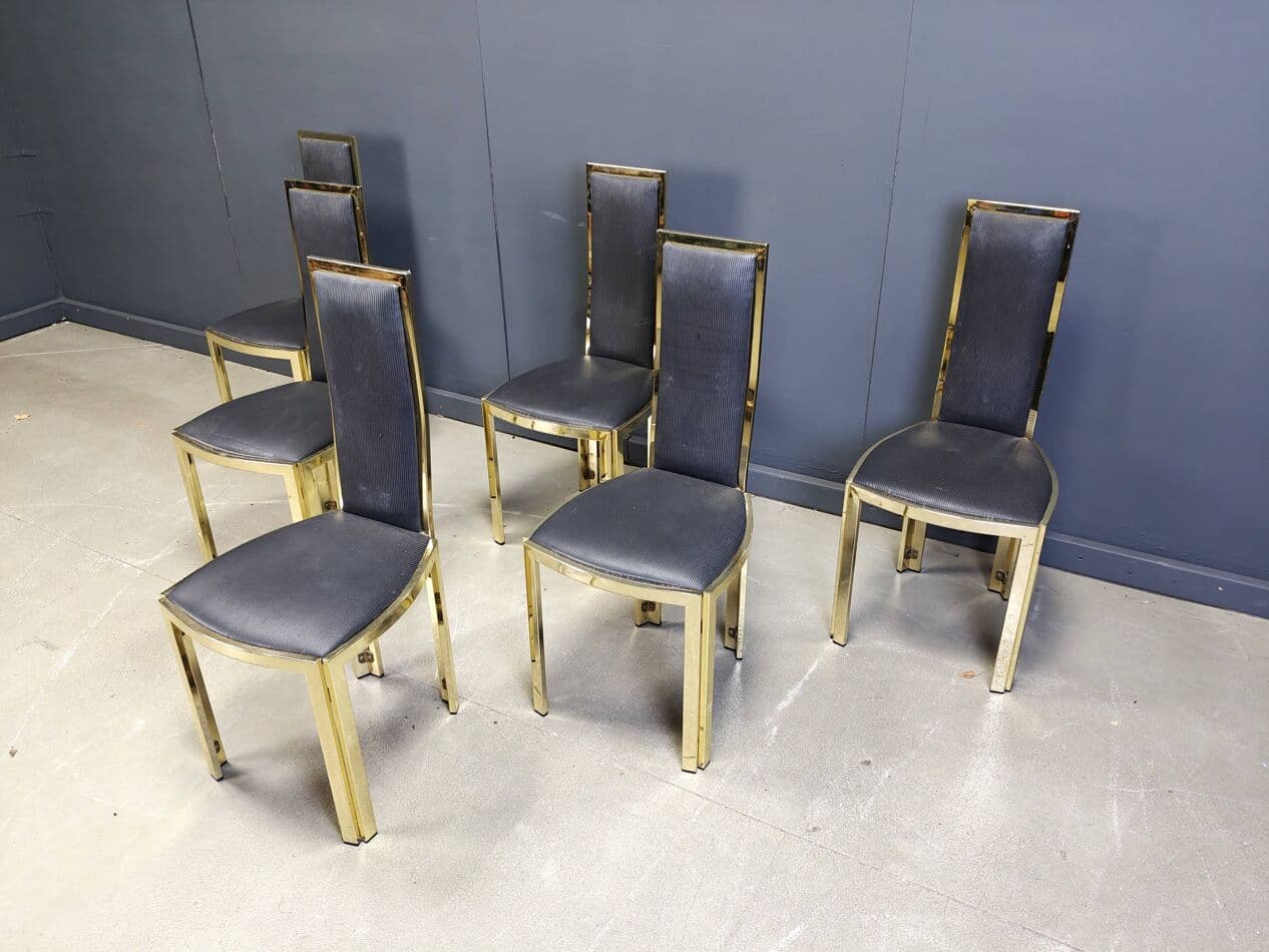 Set of Six Dining Chairs, gold brass, black vinyl, France, 1970s - 270208