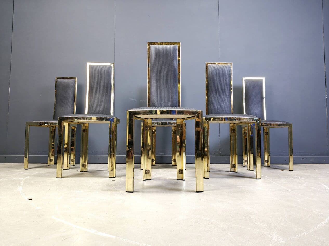Set of Six Dining Chairs, gold brass, black vinyl, France, 1970s - 270210