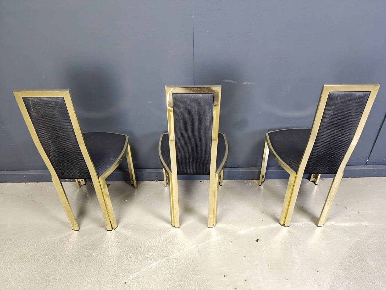Set of Six Dining Chairs, gold brass, black vinyl, France, 1970s - 270206