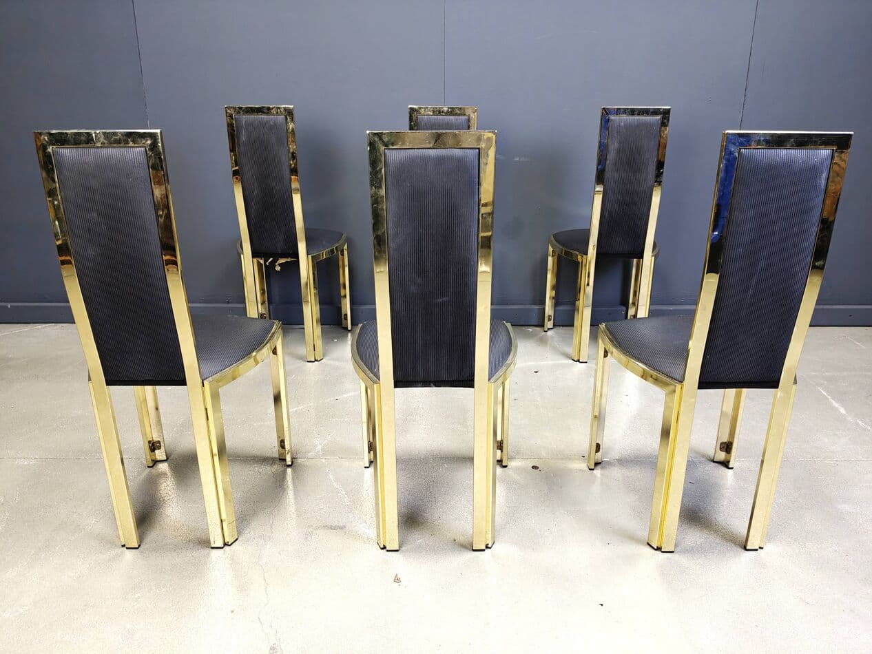 Set of Six Dining Chairs, gold brass, black vinyl, France, 1970s - 270205